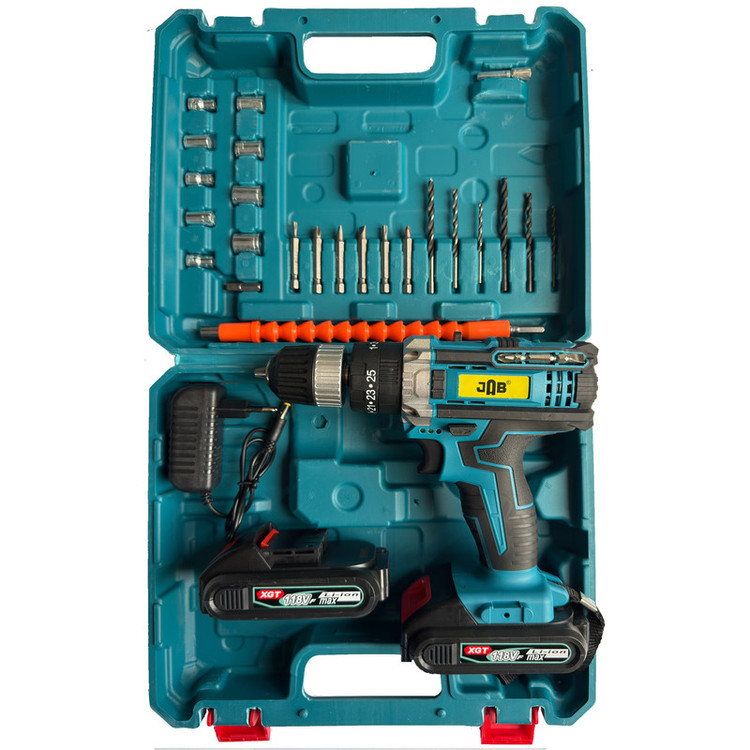 دریل پیچ گوشتی شارژی چکشی سه نظام 10 میلیمتر 118 ولت جاب مدل JB-118 MAX EDITION مجموعه 40 عددی