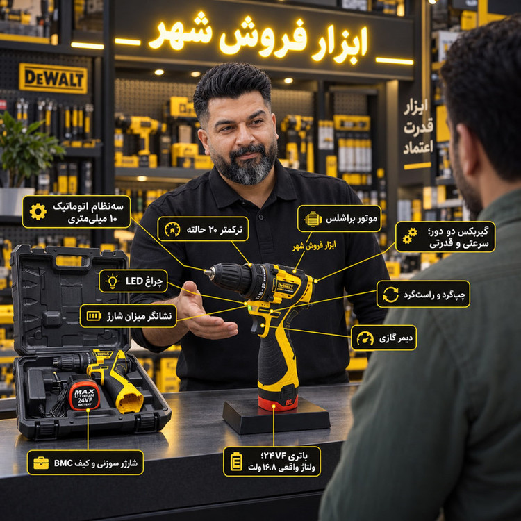 دریل پیچ گوشتی شارژی براشلس 10 میلی متری 24 ولت دیوالت مدل 24VF کد101