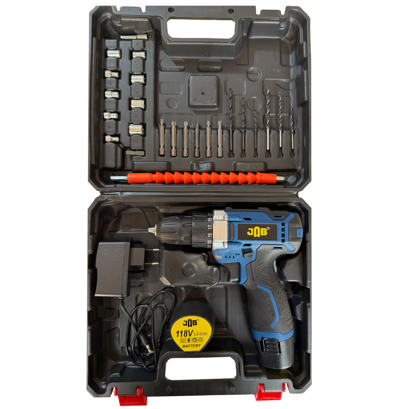 دریل پیچ گوشتی شارژی سه نظام 10 میلیمتری 118 ولت جاب مدل JB-118 Industrial Edition مجموعه 40 عددی