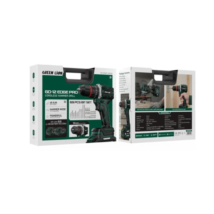 دریل چکشی شارژی گرین لاین مدل GD-12 Edge Pro با گشتاور 45 نیوتنمتر، سهنظام 10 میلیمتری، دو سرعته و 2 باتری 21 ولت 3.0 آمپرساعت