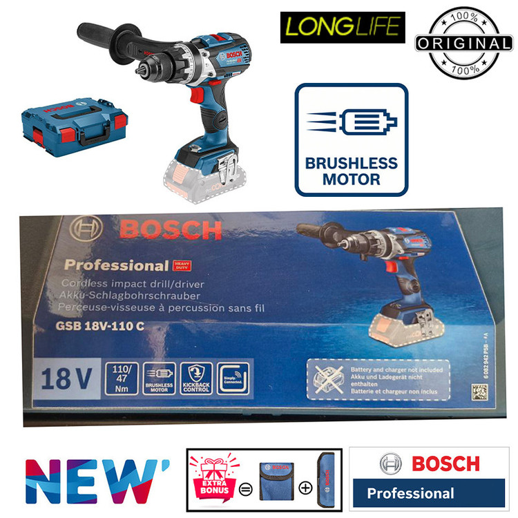 دریل پیچ گوشتی شارژی چکشی 13 میلی متری 18 ولت بوش مدل GSB 18 V -110 C Brushless Motor (solo Batery)