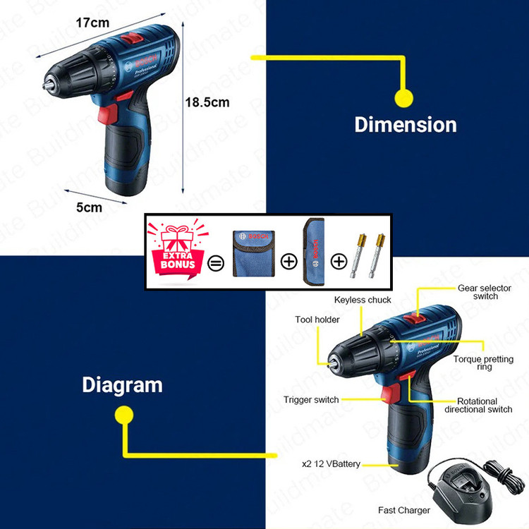 مجموعه بکس و دریل شارژی بوش مدل فوق حرفه ای GDR 120 LI & GSR 120 Li Extra Professional