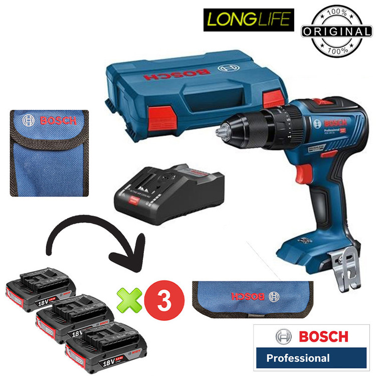 دریل پیچ گوشتی شارژی چکشی 13 میلیمتری 18 ولت بوش مدل فوق هوشمند GSB 18V-50 Brushless Motor + 3 Battery Extra
