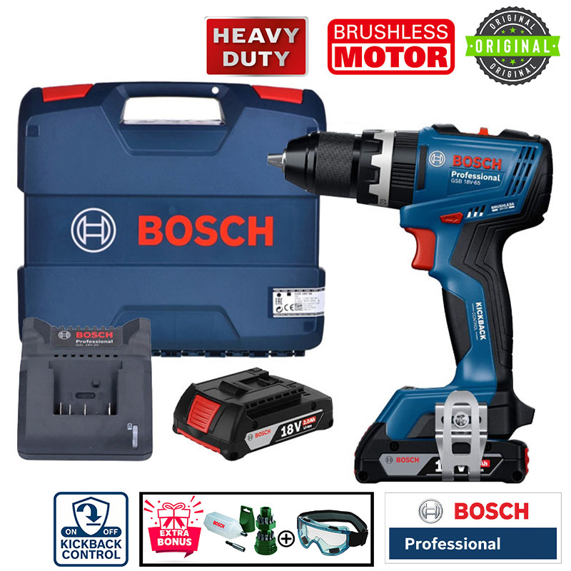 دریل پیچ گوشتی شارژی چکشی 13 میلی متری 18 ولت بوش مدل GSB 18V-65 Brushless Motor (2AH)