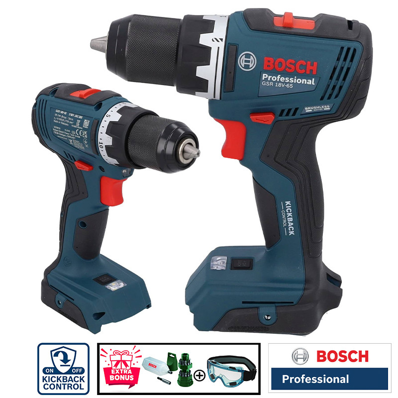 دریل پیچ گوشتی شارژی چکشی 13 میلی متری 18 ولت بوش مدل فوق حرفه ای هوشمند کد GSB 18V-65 Brushless Motor
