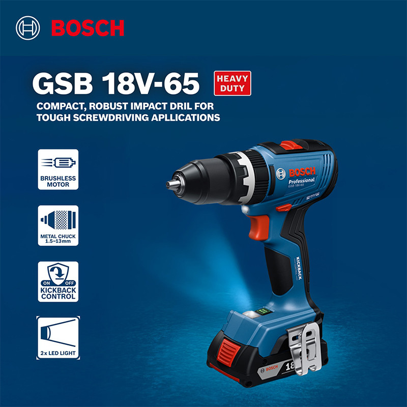 دریل پیچ گوشتی شارژی چکشی 13 میلی متری 18 ولت بوش مدل GSB 18 V 65 / EC Motor (2 AH)