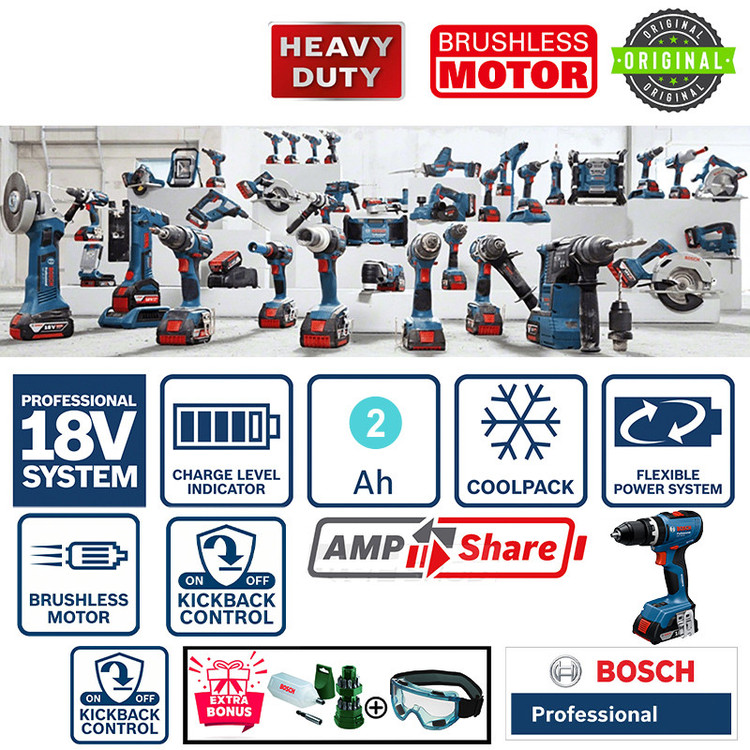 دریل چکشی شارژی 13 میلی متری 18 ولت بوش مدل فوق حرفه ای کد GSB 18V-65 2Extra