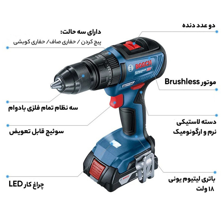 دریل شارژی چکشی بوش مدل فوق حرفه ای GSB 18V-50 Brushless + 1 Extra