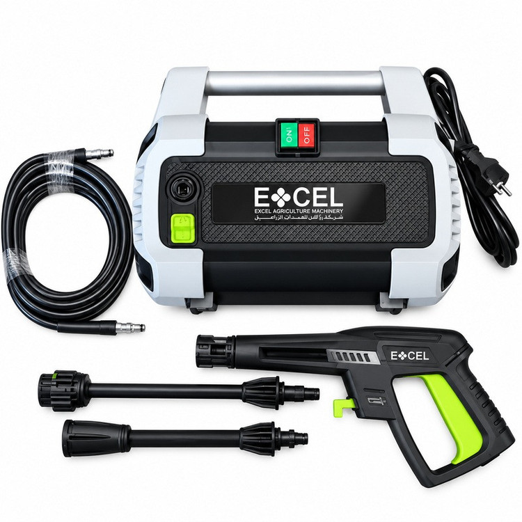 کارواش صنعتی برقی اکسل مدل EX1500 با توان 1400 وات، فشار 120 بار، دبی آب 5 لیتر در دقیقه و قابلیت مکش خودکار آب