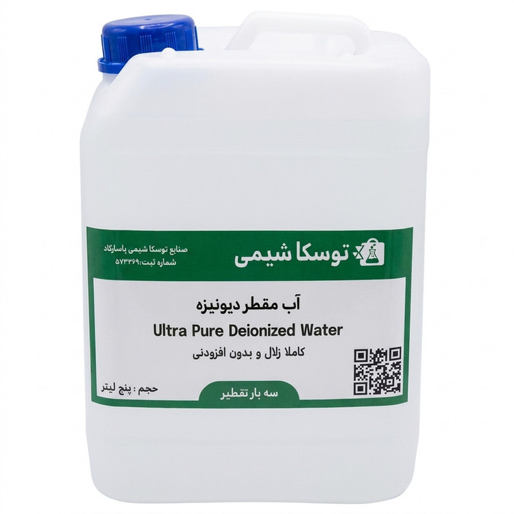 آب مقطر دیونیزه سه بار تقطیر توسکا شیمی مدل TDS=0 حجم پنج لیتر