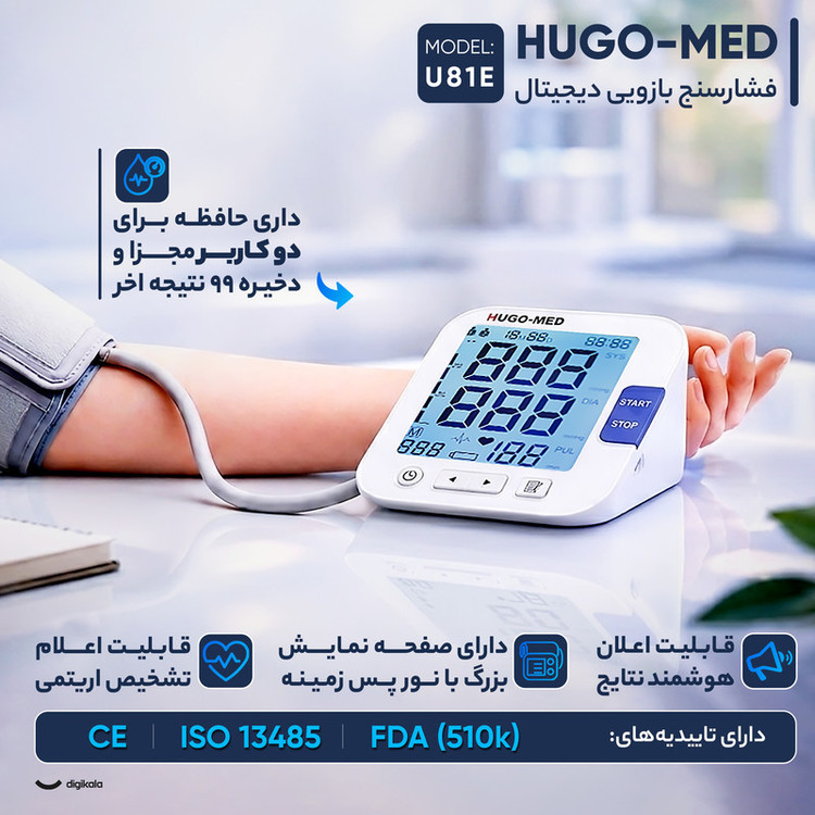 فشارسنج بازویی دیجیتال هوگو مد مدل U81E با کاف 22 تا 42 سانتیمتر، اندازهگیری فشار خون و ضربان قلب، اعلان صوتی فارسی، حافظه ذخیره و نمایش میانگین نتایج، منبع انرژی برق و باتری، مناسب دو کاربر