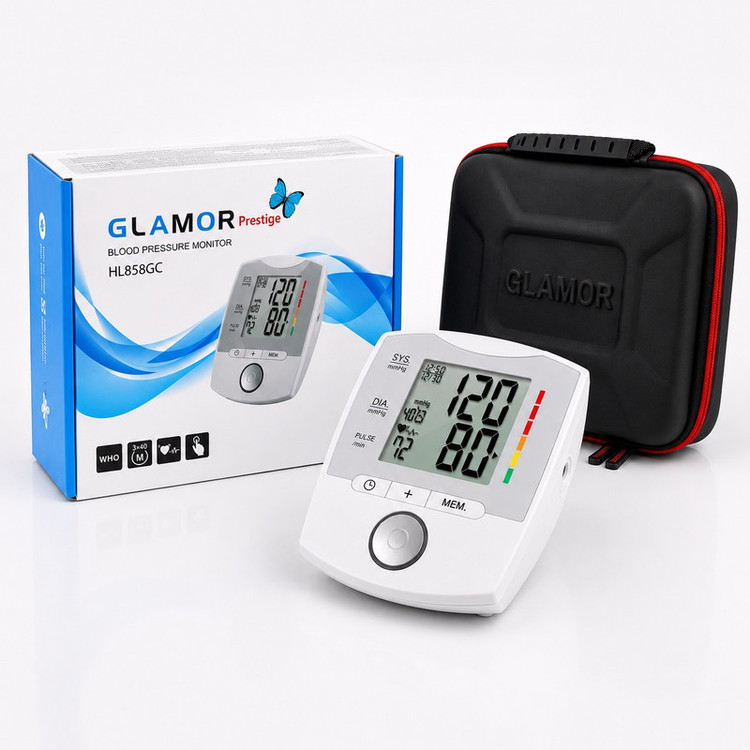 فشارسنج دیجیتال بازویی گلامور مدل HL858GC با نمایشگر LCD، حافظه 40 رکورد، پشتیبانی 3 کاربر، تشخیص آریتمی، دو کاف بزرگ و کوچک، منبع انرژی برق و باتری و کیف ضد ضربه