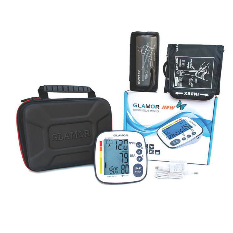 فشارسنج بازویی دیجیتال گلامور مدل TMB-995 NEW با دو کاف فنری و ساده سایز 22-32 و 22-42 سانتیمتر، صفحه نمایش بزرگ، حافظه 120 عدد برای دو کاربر، آداپتور و کیف ضد ضربه، قابلیت اندازهگیری حین باد شدن کاف و خاموشی خودکار پس از 1 دقیقه