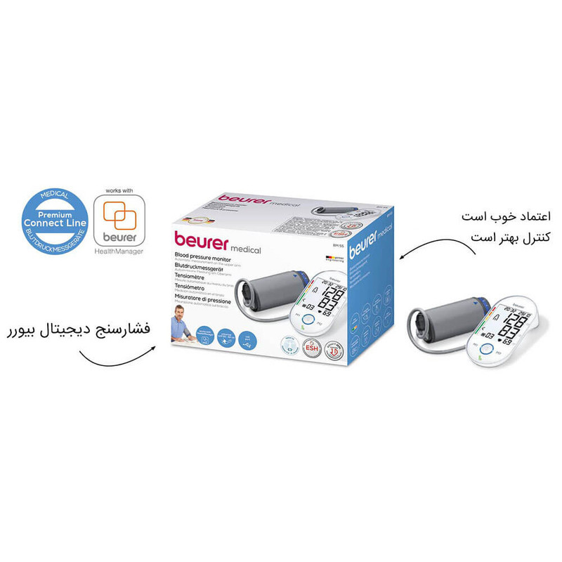 فشارسنج دیجیتال بازویی بیورر مدل BM55 با صفحه نمایش بزرگ، حافظه 60 جایگاه برای 2 نفر، تشخیص آریتمی، هشدار خطای محاسباتی و کابل USB، مناسب بازو 22 تا 36 سانتیمتر و خاموشی خودکار