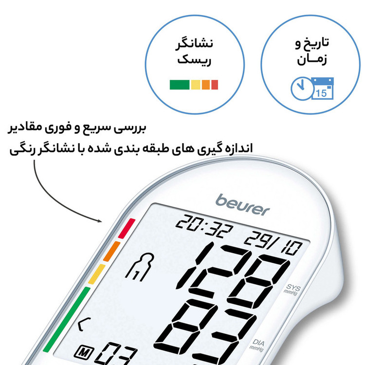 فشارسنج دیجیتال بازویی بیورر مدل BM55 با صفحه نمایش بزرگ، حافظه 60 جایگاه برای 2 نفر، تشخیص آریتمی، هشدار خطای محاسباتی و کابل USB، مناسب بازو 22 تا 36 سانتیمتر و خاموشی خودکار