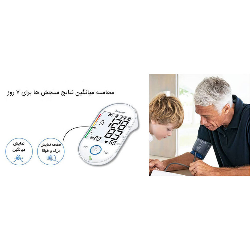 فشارسنج دیجیتال بازویی بیورر مدل BM55 با صفحه نمایش بزرگ، حافظه 60 جایگاه برای 2 نفر، تشخیص آریتمی، هشدار خطای محاسباتی و کابل USB، مناسب بازو 22 تا 36 سانتیمتر و خاموشی خودکار