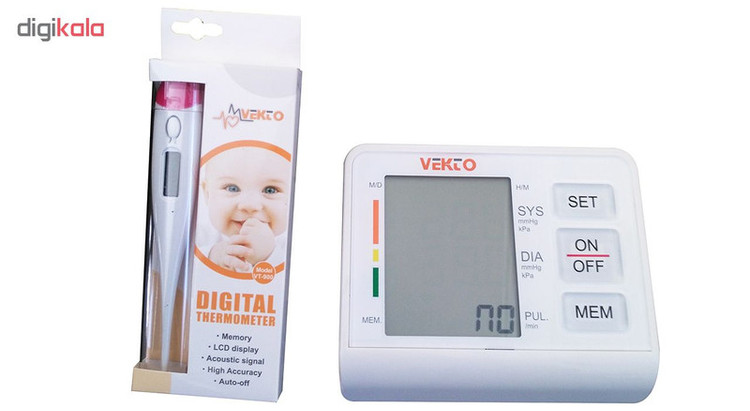 فشارسنج بازویی سخنگو وکتو مدل PG-800B15S با قابلیت ذخیره 90 حافظه، اعلام نتیجه به زبان فارسی، نمایش میانگین نتایج، کاف فنری 22 تا 32 سانتیمتر، اندازهگیری فشار و ضربان قلب، منبع تغذیه برق و باتری و همراه تبسنج دیجیتال VT900
