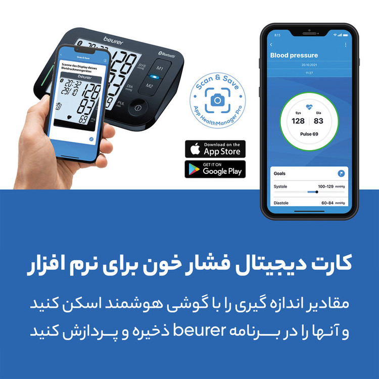 فشارسنج بازویی بیورر مدل BM 54 با نمایش دیجیتال فشار خون و ضربان قلب، محدوده اندازهگیری فشار 0 تا 250 میلیمتر جیوه، قابلیت نمایش تاریخ و زمان، هشدار خطای محاسباتی و سایز بازوی 22 تا 44 سانتیمتر