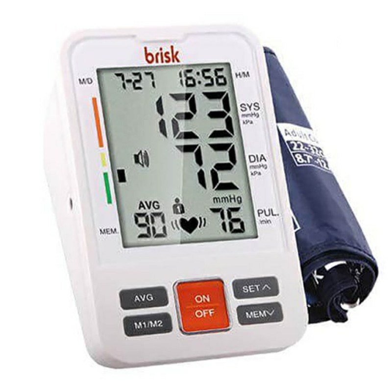 فشارسنج بازویی دیجیتال بریسک مدل PG-800B22 با نمایشگر LCD و حافظه 2 کاربره 60 تستی، اندازه‌گیری فشار خون و ضربان قلب با دقت ±3 میلی‌متر جیوه، اعلان صوتی به زبان فارسی و انگلیسی، تشخیص آریتمی و منبع انرژی باتری قلمی و برق