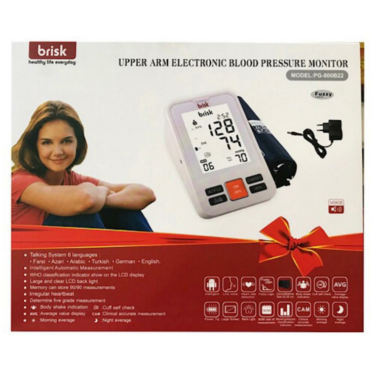 فشارسنج بازویی دیجیتال بریسک مدل PG-800B22 با نمایشگر LCD و حافظه 2 کاربره 60 تستی، اندازهگیری فشار خون و ضربان قلب با دقت ±3 میلیمتر جیوه، اعلان صوتی به زبان فارسی و انگلیسی، تشخیص آریتمی و منبع انرژی باتری قلمی و برق