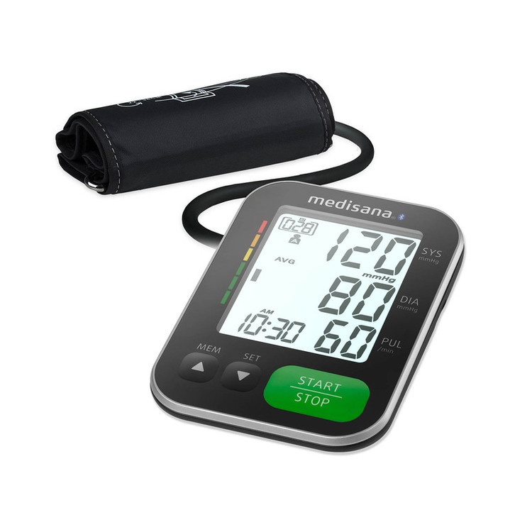 فشارسنج دیجیتال بازویی مدیسانا مدل BU 570B با صفحه نمایش LCD بزرگ و نور پسزمینه، حافظه 120 عددی برای 2 کاربر، تشخیص آریتمی، انتقال داده بلوتوث و کاف مناسب بازو 22 تا 42 سانتیمتر