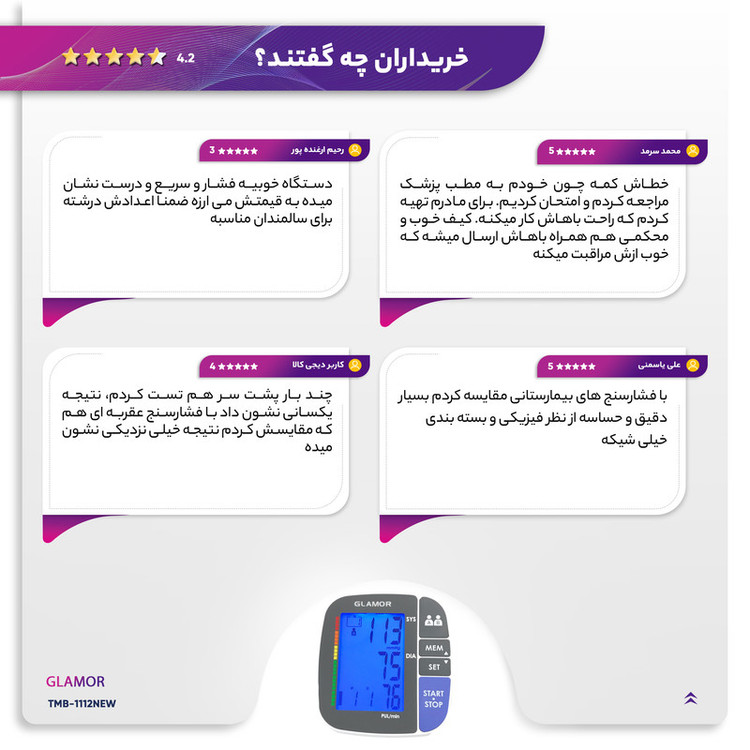 فشارسنج بازویی دیجیتال گلامور مدل TMB-1112NEW دو کاربره با تکنولوژی MWI، تشخیص آریتمی، حافظه بیش از 250 رکورد، نمایشگر رنگی با نور پسزمینه آبی، کاف دو سایز 22 تا 42 سانتیمتر، منبع تغذیه برق و باتری و کیف ضد ضربه