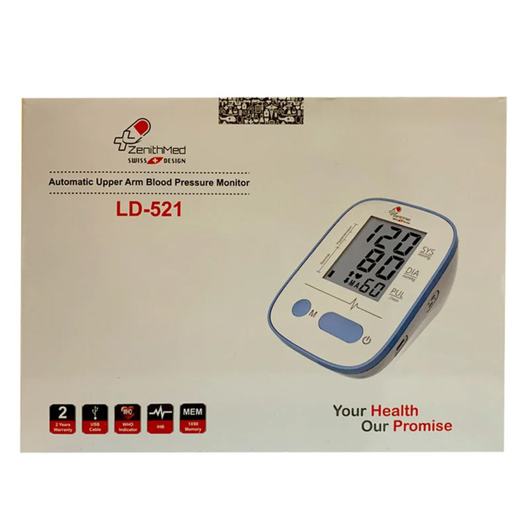 فشارسنج بازویی دیجیتال زنیتمد مدل LD-521 با نمایشگر LCD بزرگ، حافظه 99 رکورد، تشخیص آریتمی و نمایش میانگین نتایج، مناسب بازو 22 تا 32 سانتیمتر، منبع انرژی باتری و آداپتور، همراه کیف و دفترچه راهنما