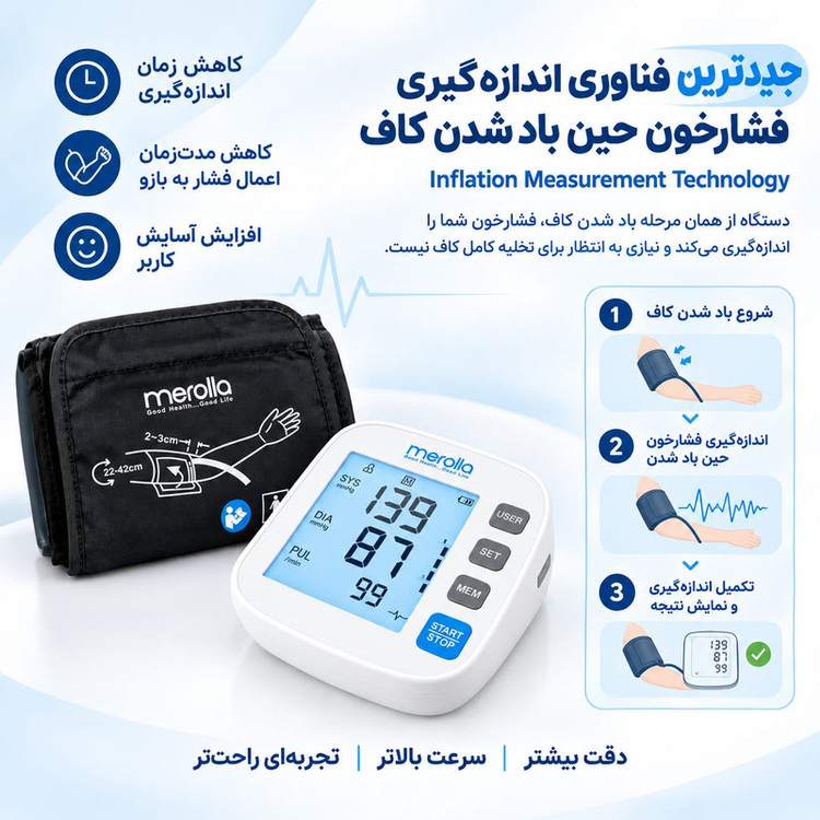 فشارسنج بازویی دیجیتال مرولا مدل LT-P31A، حافظه بالای 99 رکورد برای 3 کاربر، تشخیص آریتمی، کاف مناسب بازو 22 تا 42 سانتیمتر، شارژی با آداپتور و کابل USB Type-C