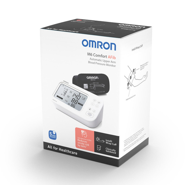 فشارسنج دیجیتال بازویی امرن مدل M6 Comfort AFib با کاف هوشمند Intelli Wrap 360 درجه، تشخیص آریتمی و فیبریلاسیون دهلیزی، حافظه دوکاربره با ظرفیت ذخیره 100 رکورد برای هر کاربر، نمایشگر LCD بزرگ و فناوری Intellisense برای تنظیم خودکار فشار باد