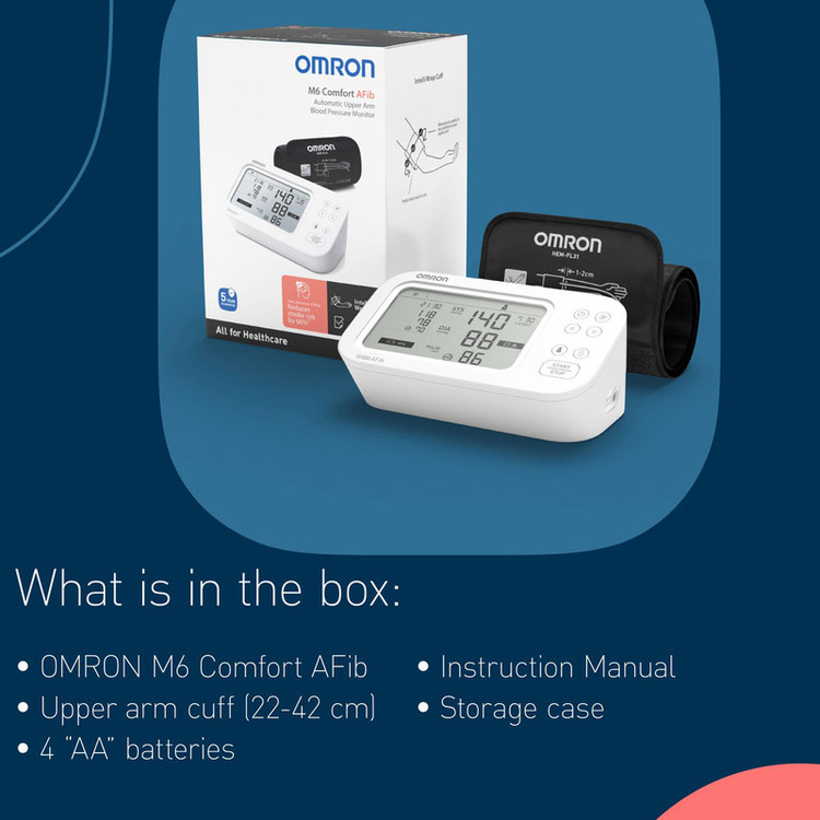 فشارسنج دیجیتال بازویی امرن مدل M6 Comfort AFib با کاف هوشمند Intelli Wrap 360 درجه، تشخیص آریتمی و فیبریلاسیون دهلیزی، حافظه دوکاربره با ظرفیت ذخیره 100 رکورد برای هر کاربر، نمایشگر LCD بزرگ و فناوری Intellisense برای تنظیم خودکار فشار باد