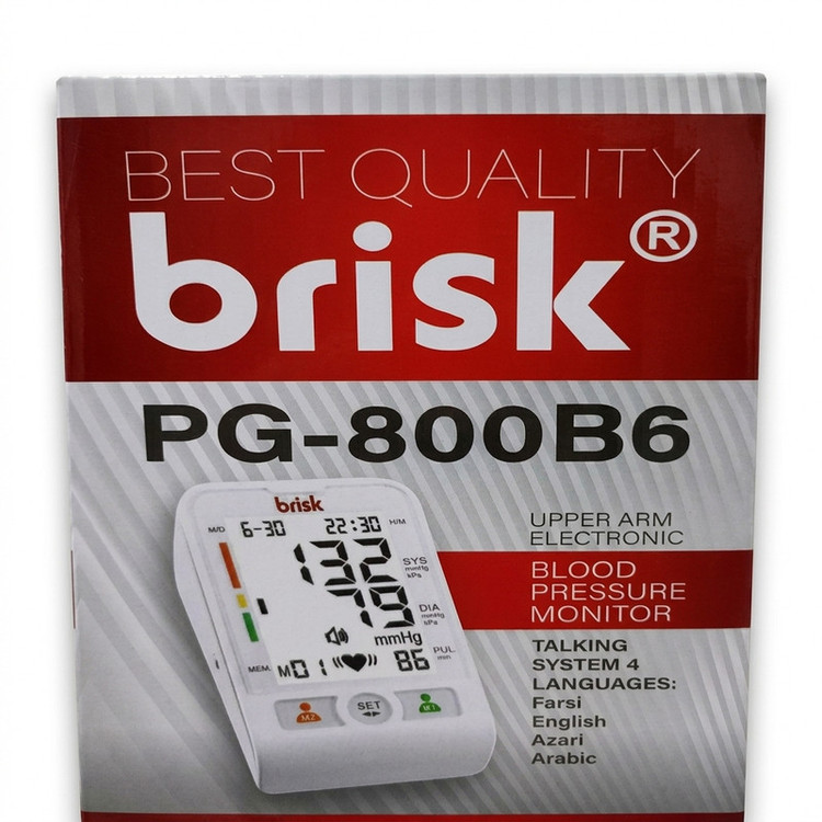 فشارسنج بازویی دیجیتال بریسک مدل PG800B6 با قابلیت اعلان صوتی، منبع انرژی برق و باتری، مناسب بازوی 22-32 سانتیمتر به همراه آداپتور، باتری و کاف