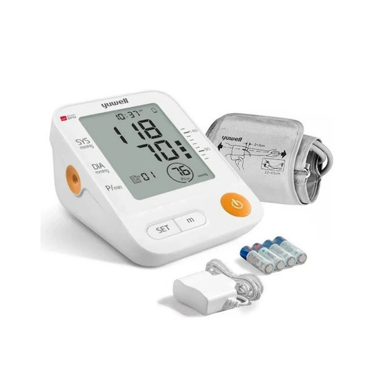 فشارسنج بازویی دیجیتال یوول مدل YE670D-AC با قابلیت تشخیص فشار سیستولیک، اندازهگیری میانگین ضربان قلب، شناسایی آریتمی، هشدار خطای محاسباتی، مناسب سایز بازو 22 تا 45 سانتیمتر و منبع تغذیه برق و باتری
