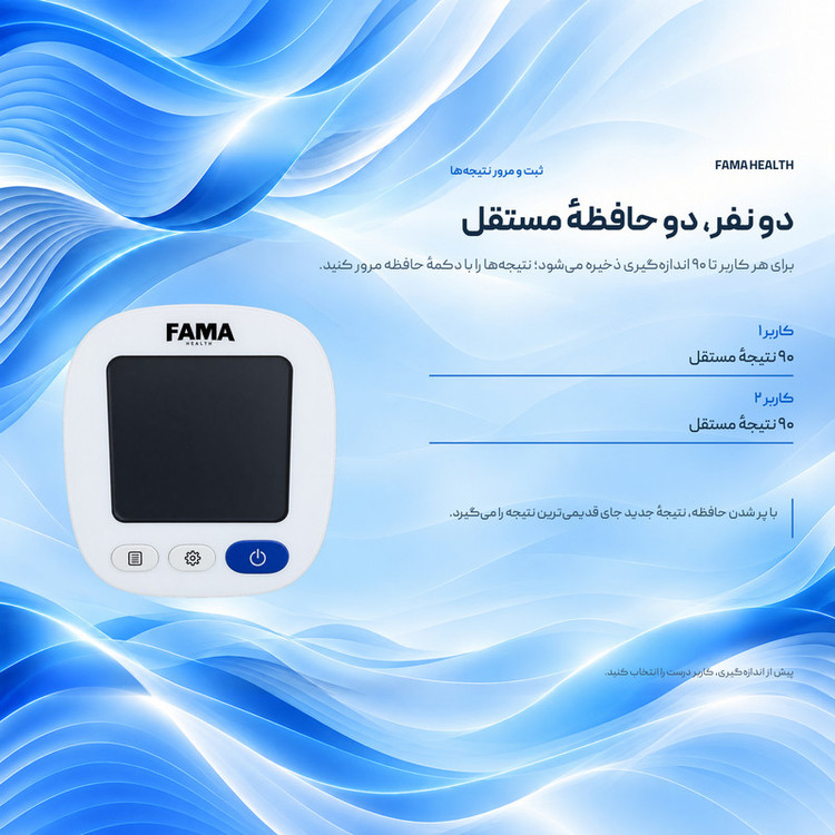 فشارسنج بازویی دیجیتال فاما هلث مدل U83Y، حافظه 99 رکورد برای 2 کاربر، تشخیص آریتمی و ضربان قلب، کاف 22 تا 42 سانتیمتر، منبع تغذیه برق و باتری